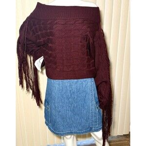 NWT Fancy Dream Burgundy Cable Knit Off Shoulder Fringe Crop Sweater M